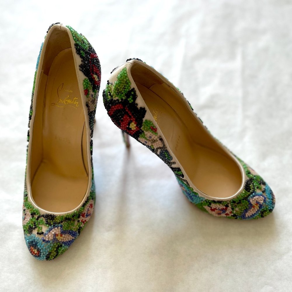 Rare Christian Louboutin Round Toe Heels with Floral Beading on Cream Satin